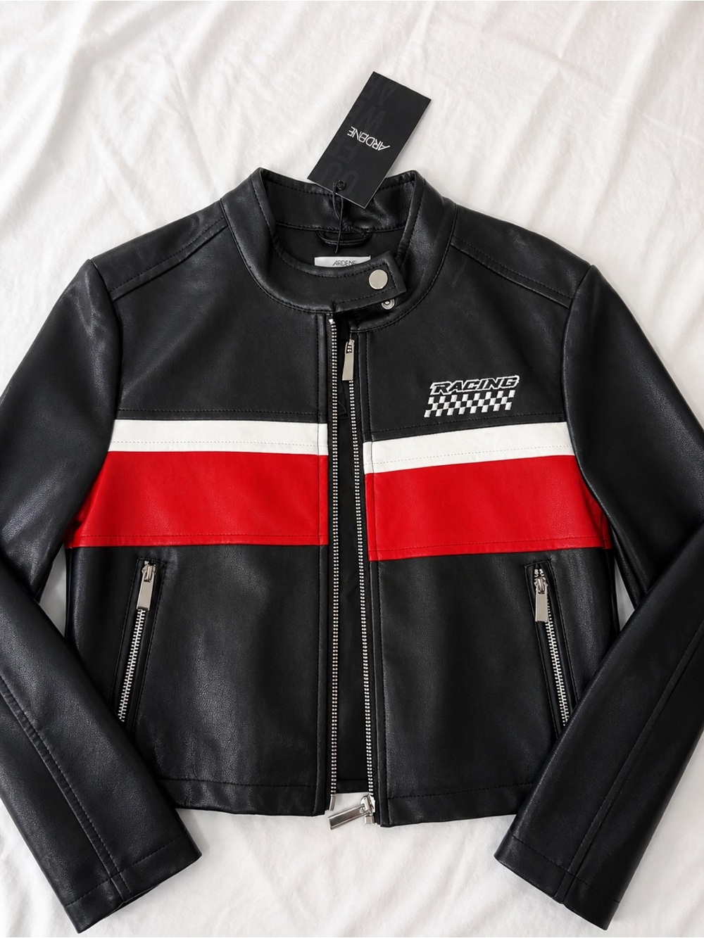 Ardene Black, Red & White Racing Faux Leather Jacket